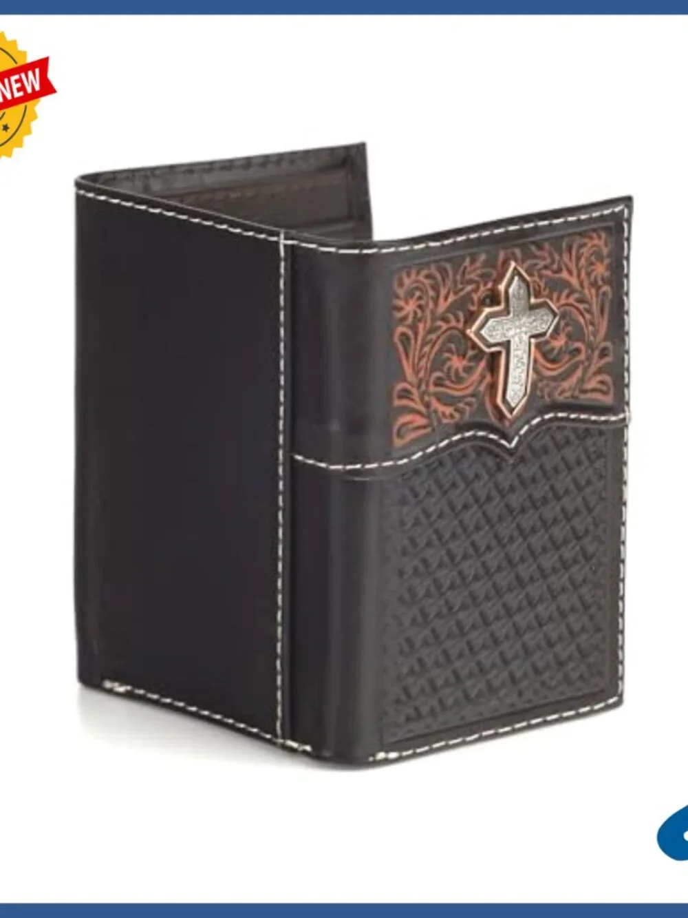 Men's Genuine Leather Trifold Wallet with Western Cross Design